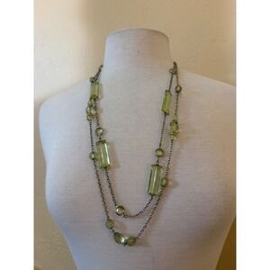 Sage Green‎ Layered Double Strand Long Beaded Necklace Silver Tone